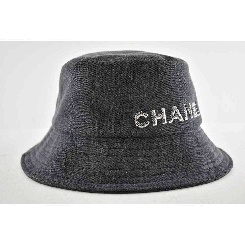 Chanel 22P Black Denim Crystal Sequin CC Logo Sun Cloche Bucket Hat Medium M - Picture 3 of 8